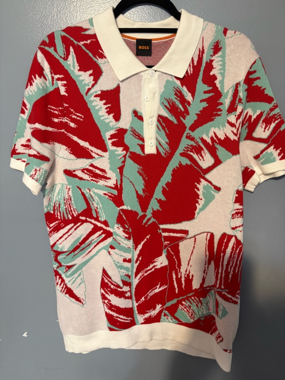 BOSS Red and Mint Tropical Leaf Knit Polo